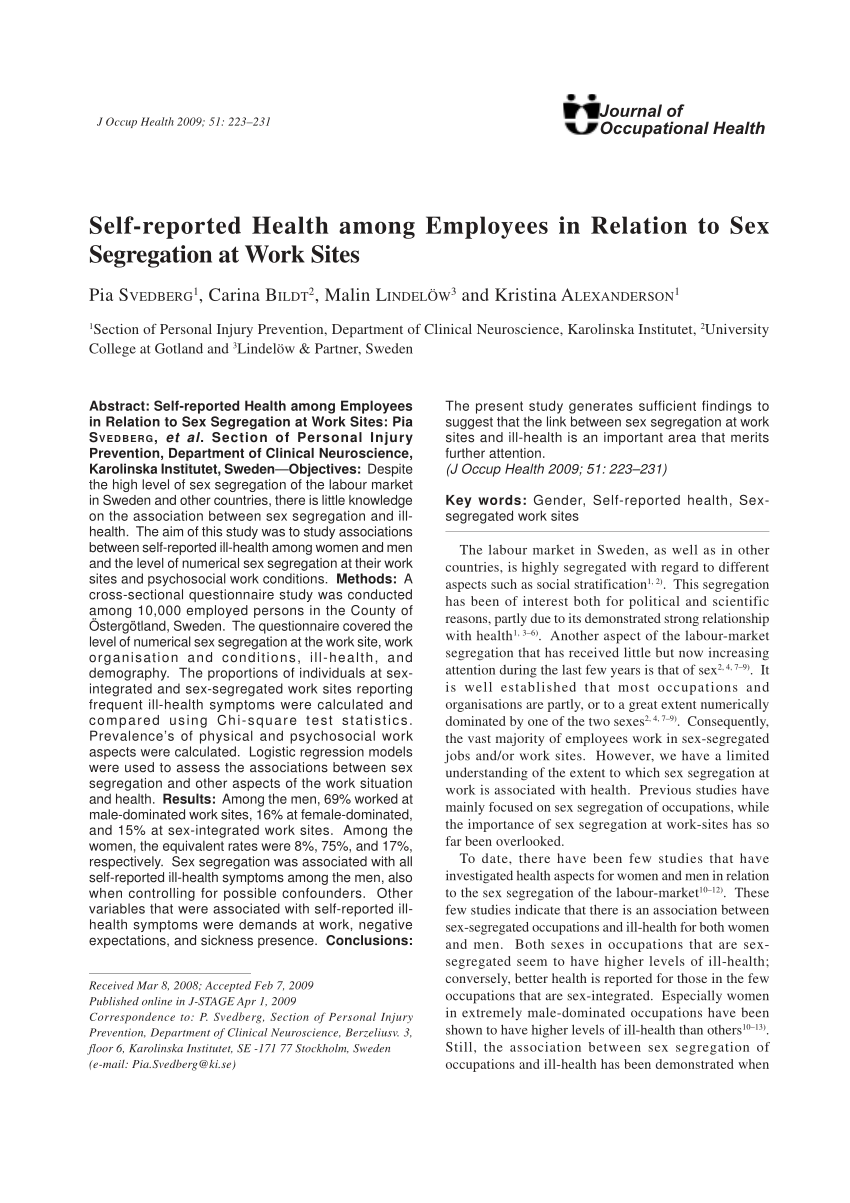 PDF) Self-reported Health among Employees in Relation to Sex Segregation at  Work Sites