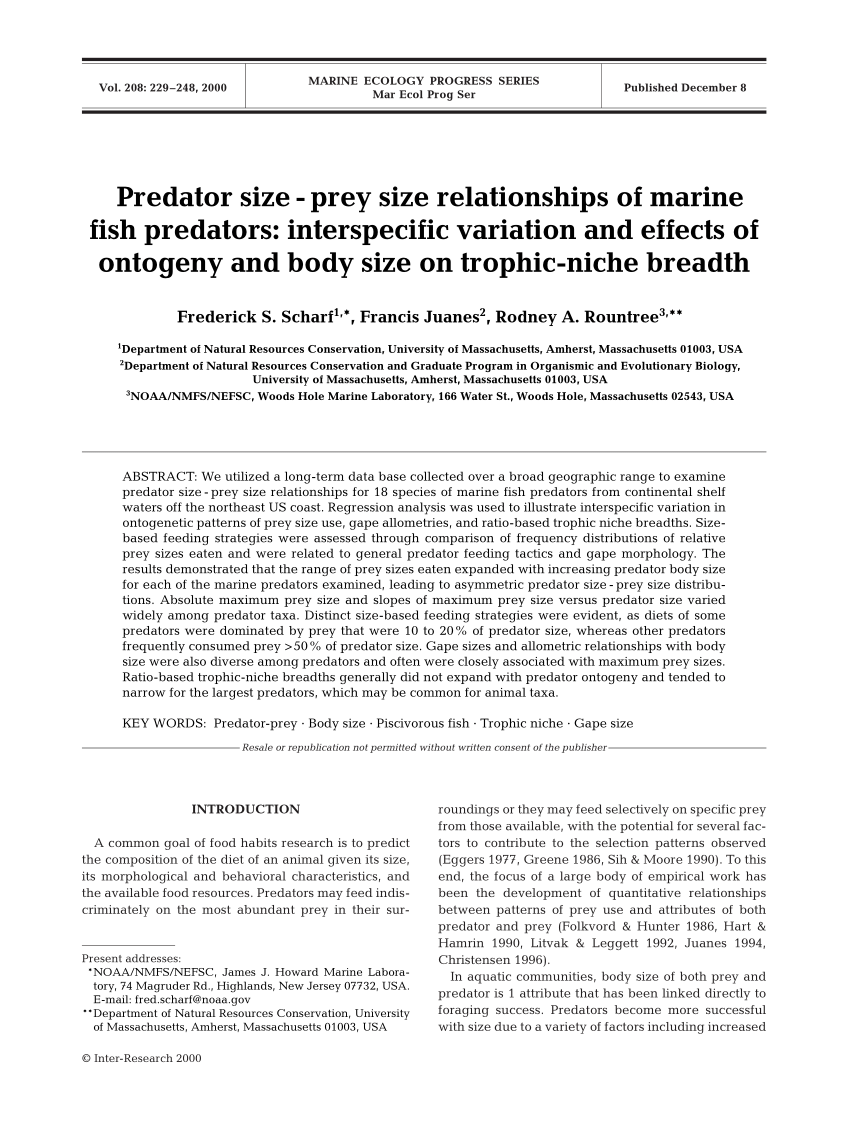 PDF) Predator size-prey size relationships of marine fish predators:  interspecific variation and effects of ontogeny and body size on  trophic-niche breadth