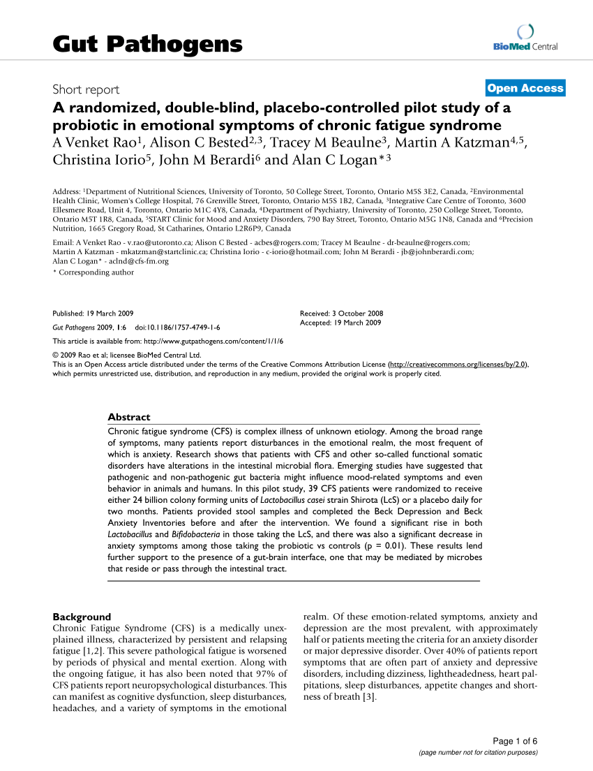 A randomized, double-blind, placebo-controlled pilot study of a probiotic in emotional symptoms of chronic fatigue syndrome (PDF Download Available)