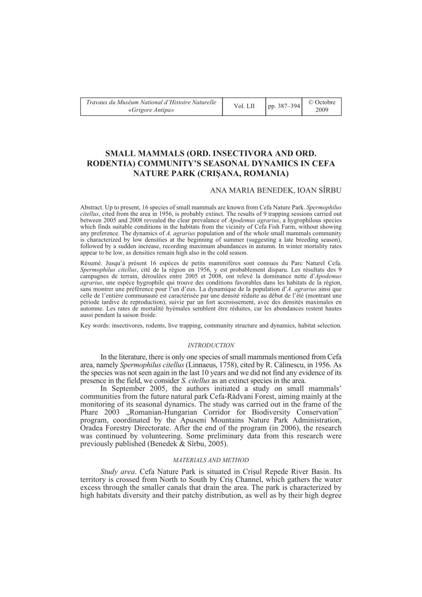 (PDF) SMALL MAMMALS (ORD. INSECTIVORA AND ORD. RODENTIA) COMMUNITY'S