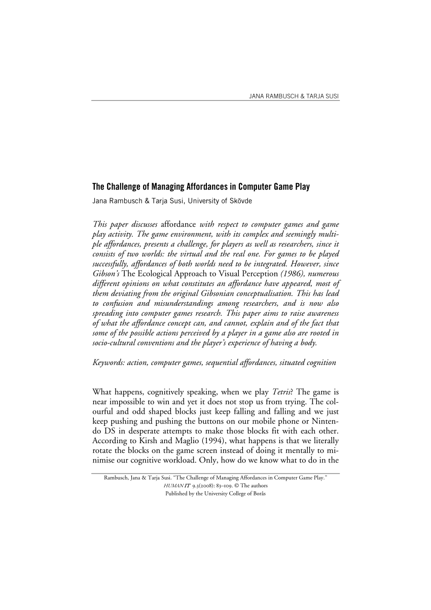 Pdf The Challenge Of Managing Affordances In Computer Game Play