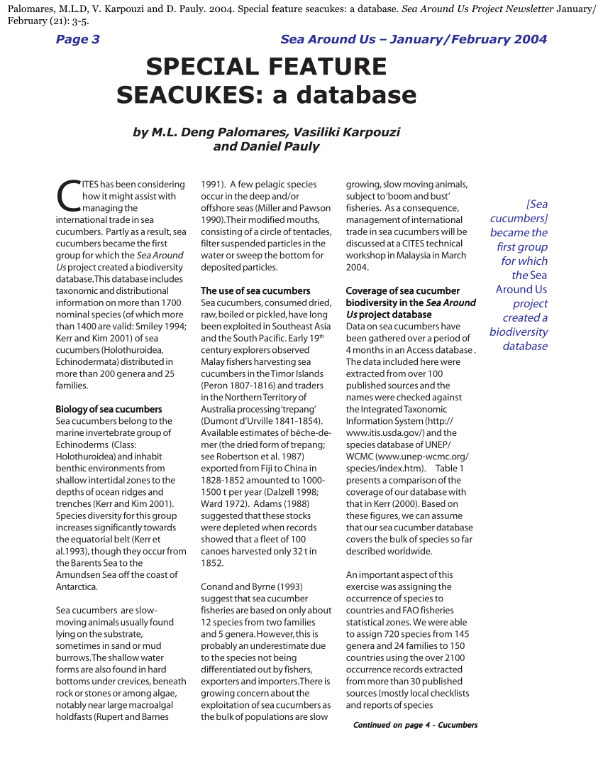 Pdf Special Feature Seacukes A Database