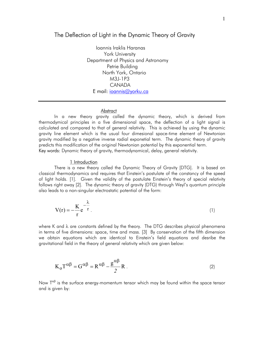 (PDF) 1 The Deflection of Light in the Dynamic Theory of Gravity