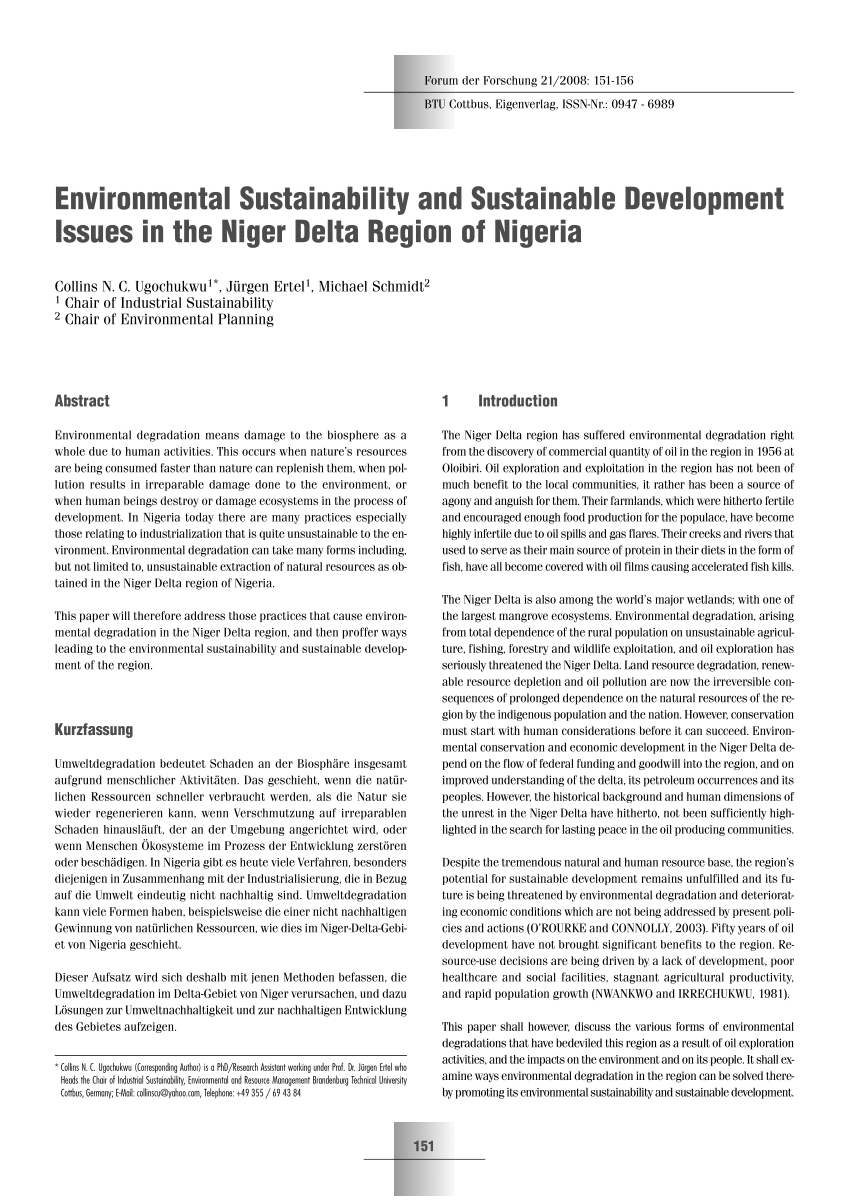 Pdf Environmental Sustainability And Sustainable Development Issues In The Niger Delta Region