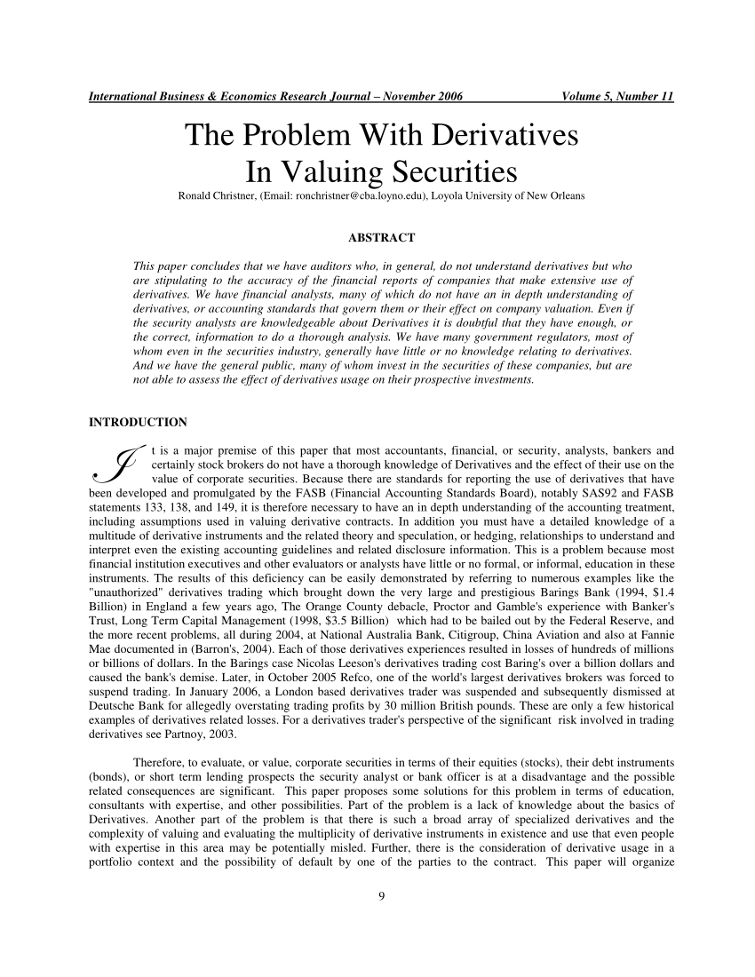 Pdf The Problem With Derivatives In Valuing Securities