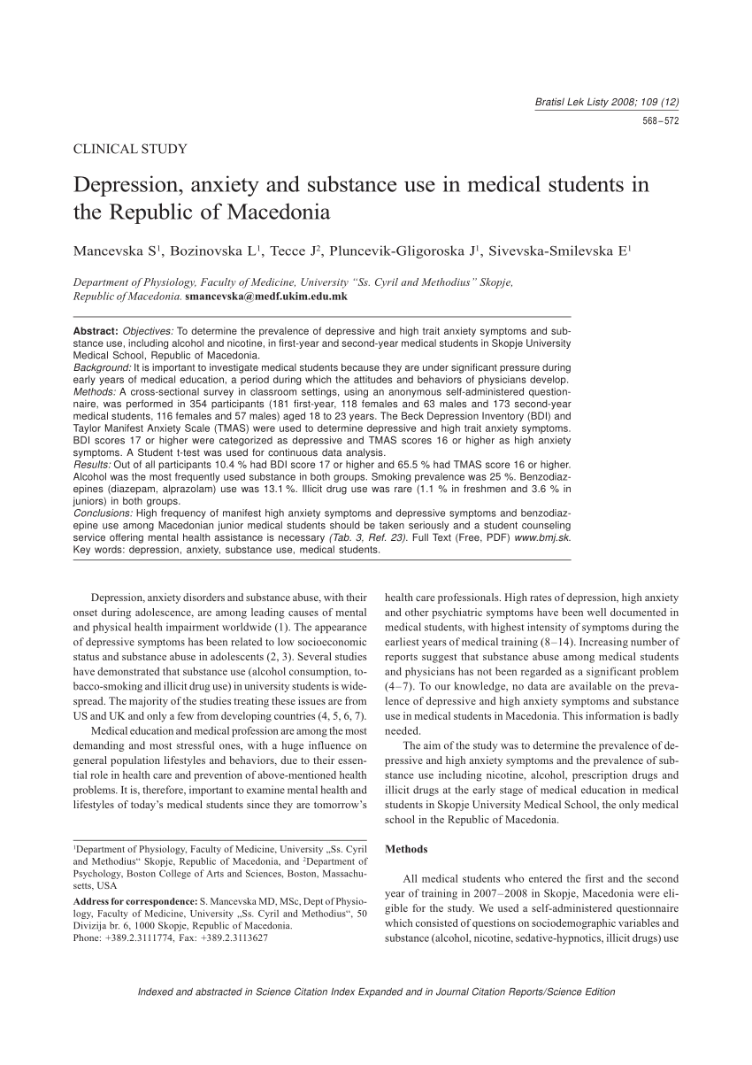 Pdf Depression Anxiety And Substance Use In Medical Students In The Republic Of Macedonia
