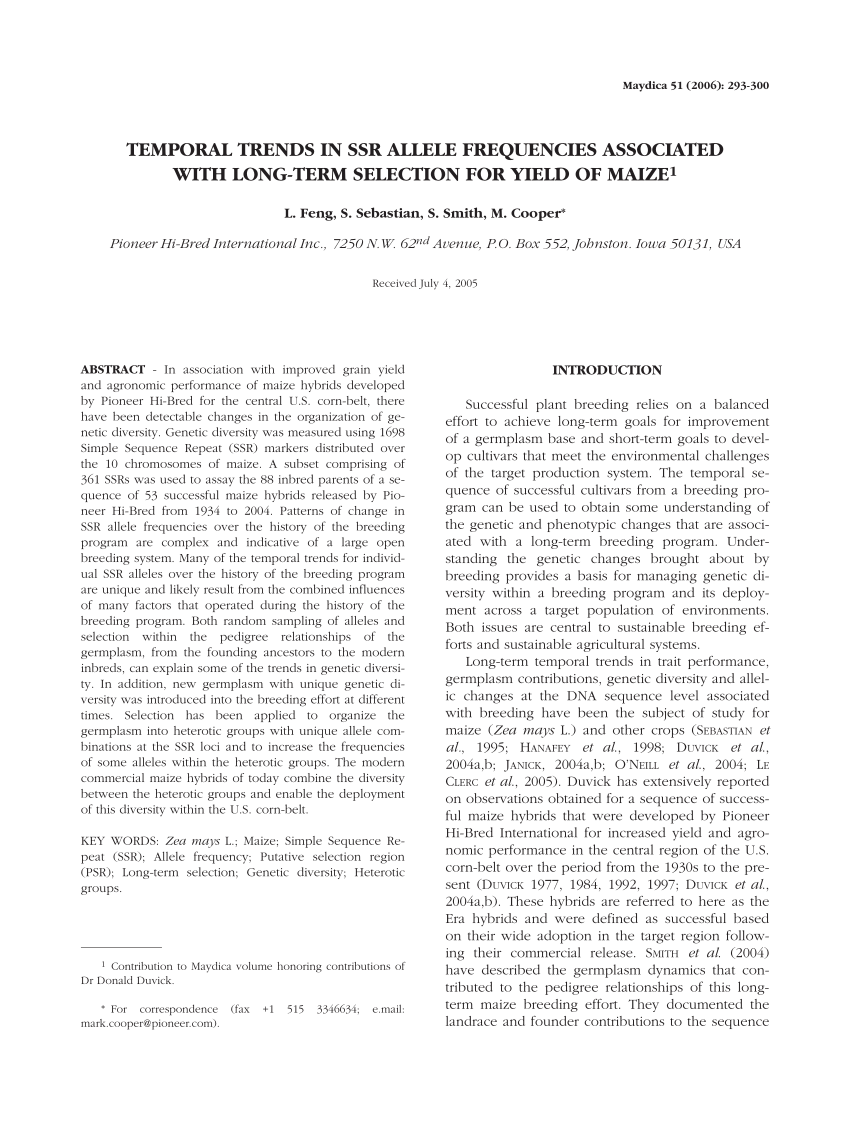 Pdf Temporal Trends In Ssr Allele Frequencies Associated With Long Term Selection For Yield Of 3942