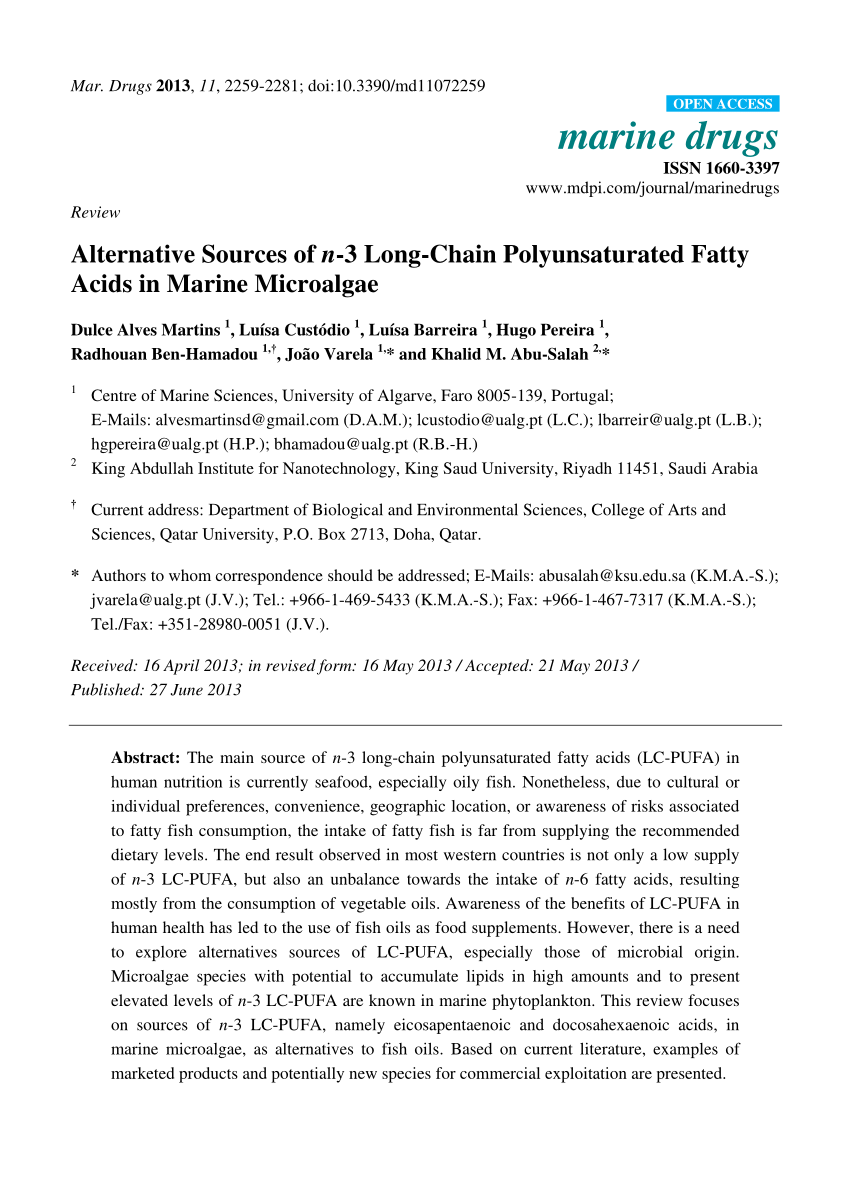 Pdf Alternative Sources Of N 3 Long Chain Polyunsaturated Fatty Acids In Marine Microalgae