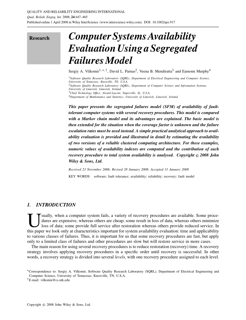 Pdf Research Computer Systems Availability Evaluation Using A Segregated Failure Model