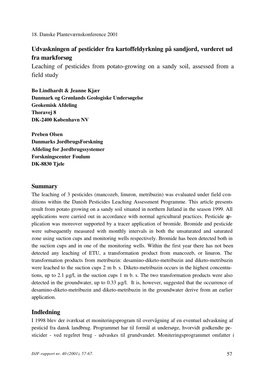 PDF) Udvaskningen af pesticider fra kartoffeldyrkning på sandjord, vurderet ud fra markforsøg. Leaching of from potato-growing on a sandy soil, assessed from a field study