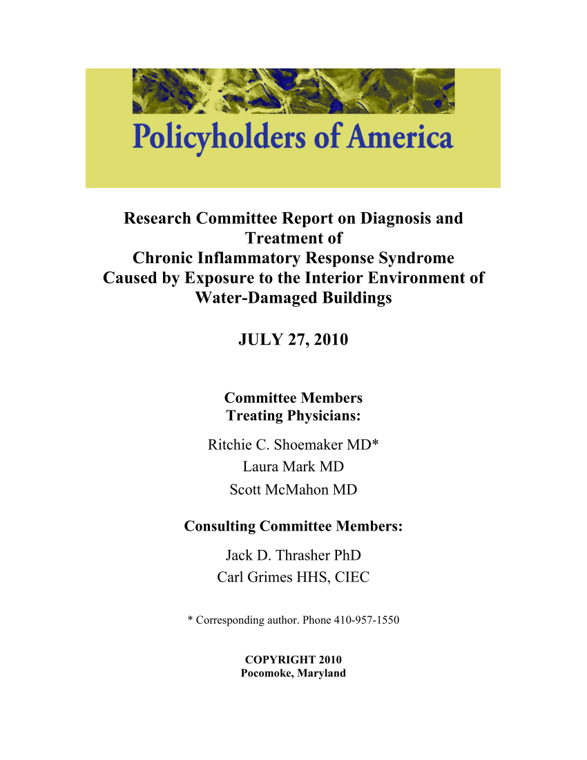 PDF Research mittee Report on Diagnosis and Treatment of Chronic Inflammatory Response Syndrome Caused by Exposure to the Interior Environment of