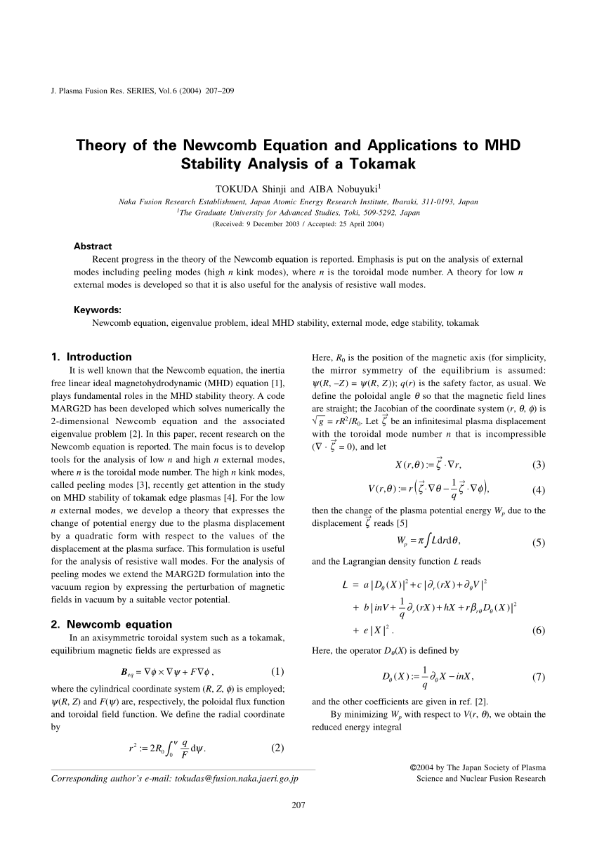 Pdf Theory Of The Newcomb Equation And Applications To Mhd Stability Analysis Of A Tokamak