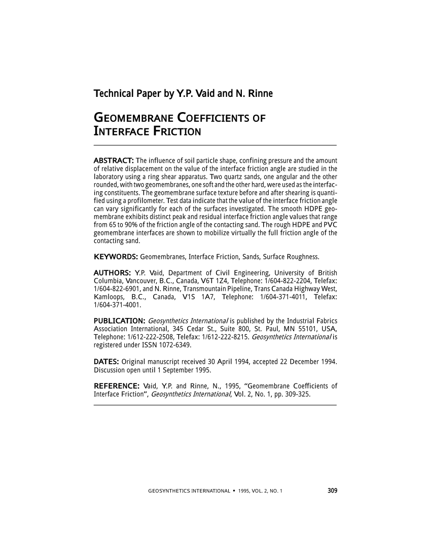 Pdf Geomembrane Coefficients Of Interface Friction