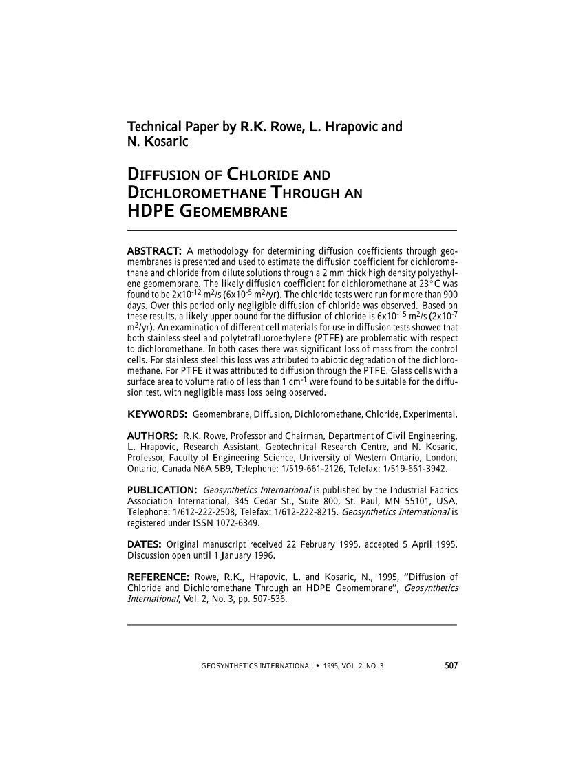 PDF) Diffusion of Chloride and Dichloromethane Through an HDPE Geomembrane