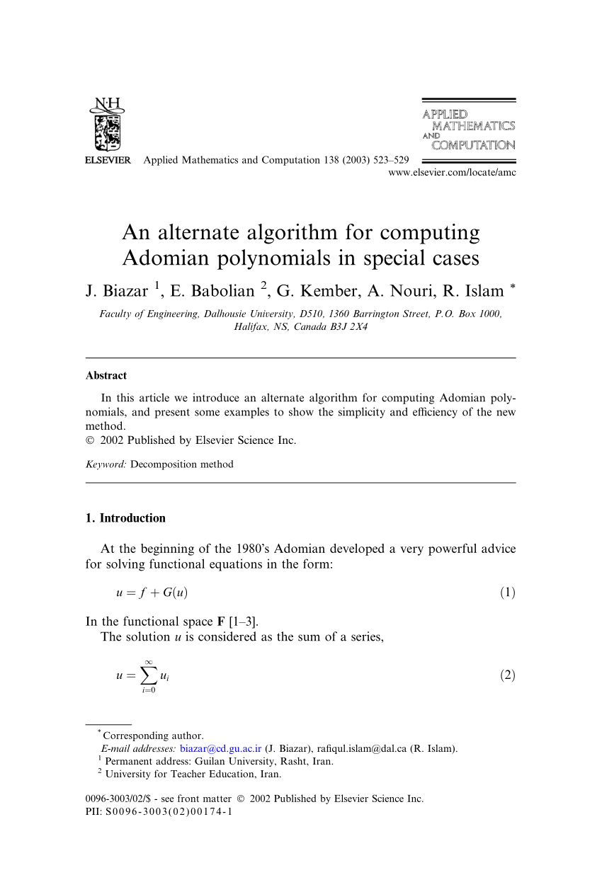 Pdf An Alternate Algorithm For Computing Adomian Polynomials In Special Cases