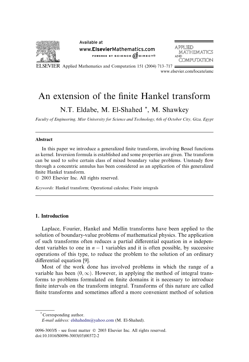 Pdf An Extension Of The Finite Hankel Transform