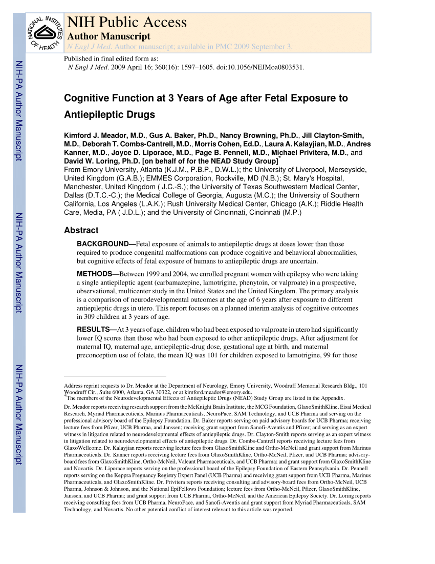 Pdf Cognitive Function At 3 Years Of Age After Fetal Exposure To Antiepileptic Drugs