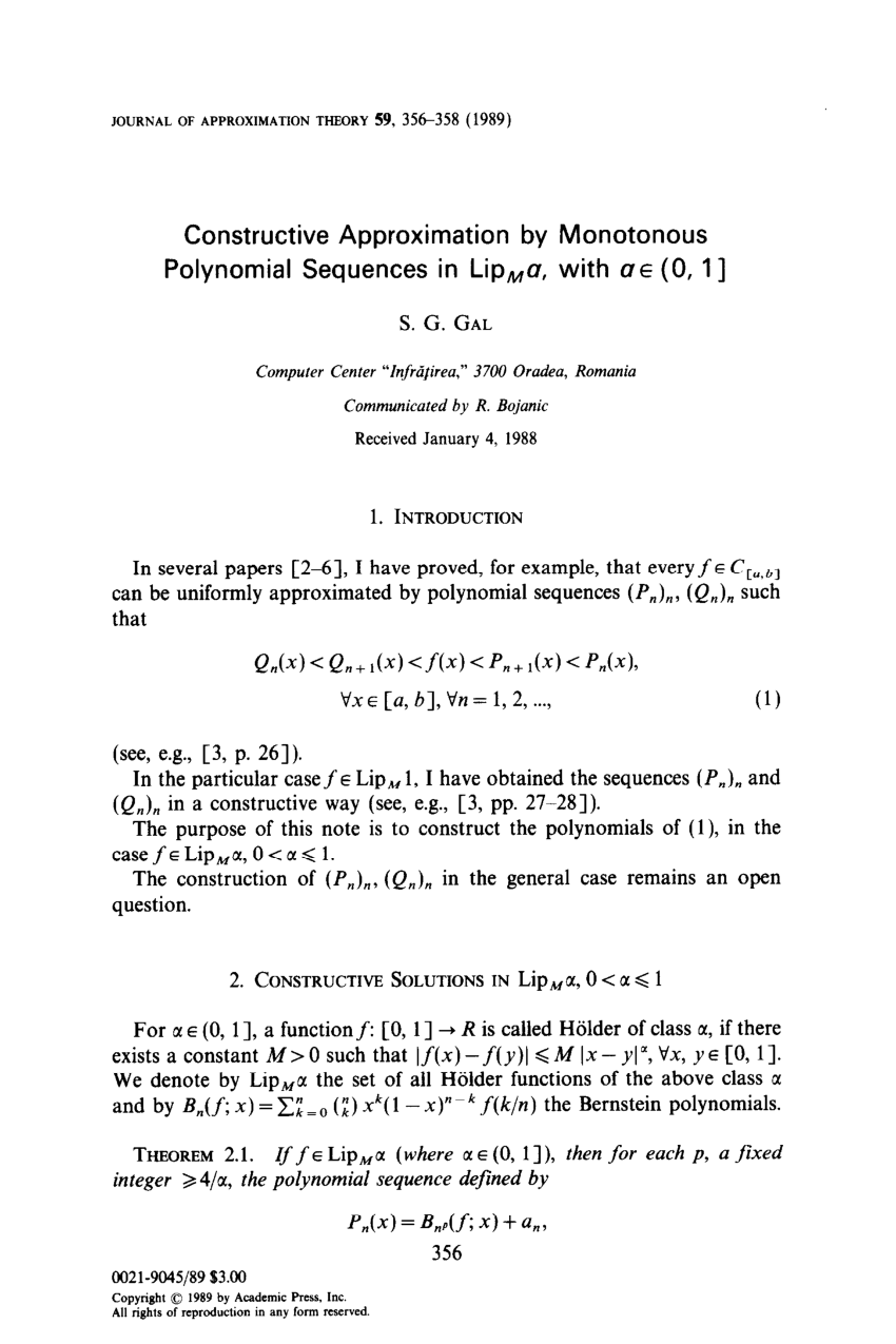 Pdf Constructive Approximation By Monotonous Polynomial Sequences In Lipm With 0 19