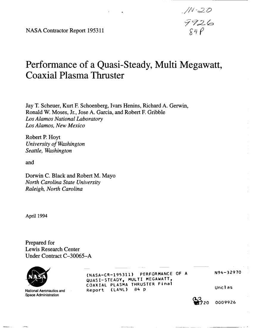 PDF) Performance of a quasi-steady, multi megawatt, coaxial plasma ...