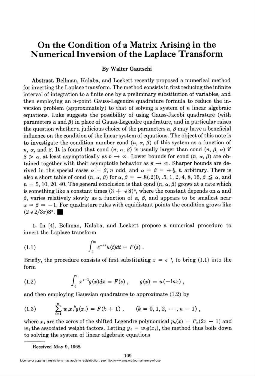 Pdf On The Condition Of A Matrix Arising In The Numerical Inversion Of The Laplace Transform