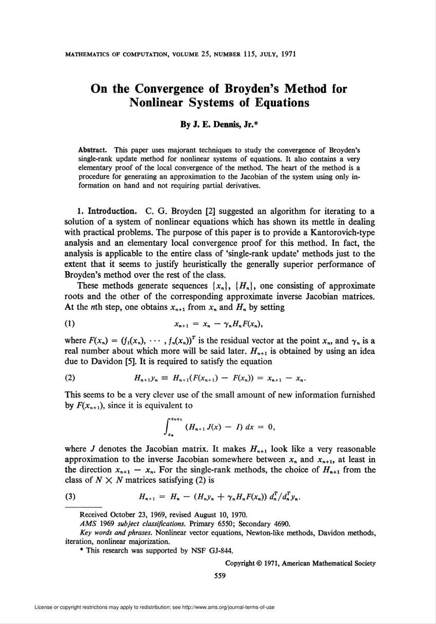 Pdf On The Convergence Of Broyden S Method For Nonlinear Systems Of Equations