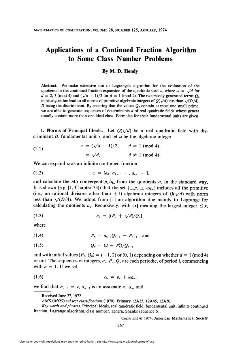 Pdf Applications Of A Continued Fraction Algorithm To Some Class Number Problems
