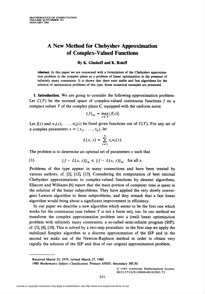 Pdf A New Method For Chebyshev Approximation Of Complex Valued Functions