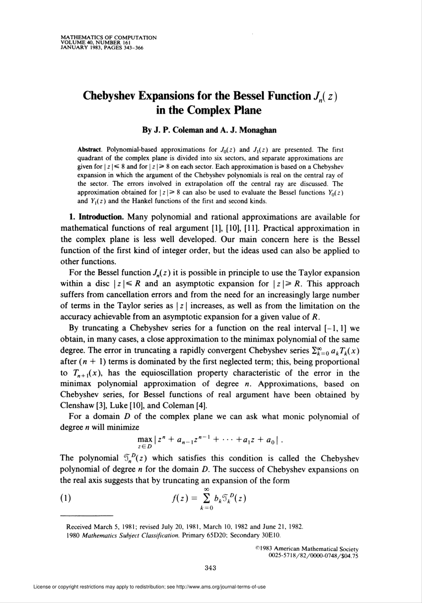 Pdf Chebyshev Expansions For The Bessel Function J N Z In The Complex Plane