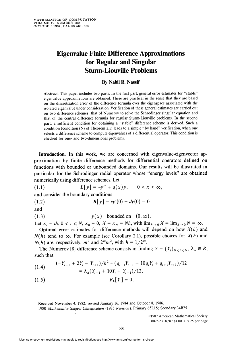 Pdf Eigenvalue Finite Difference Approximations For Regular And Singular Sturm Liouville Problems
