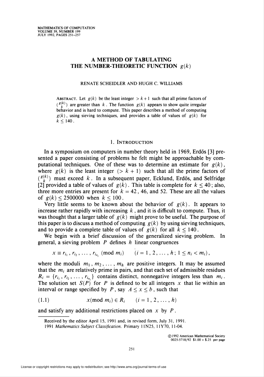 Pdf A Method Of Tabulating The Number Theoretic Function G K