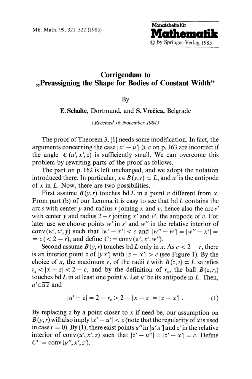 Pdf Corrigendum To Preassigning The Shape For Bodies Of Constant Width