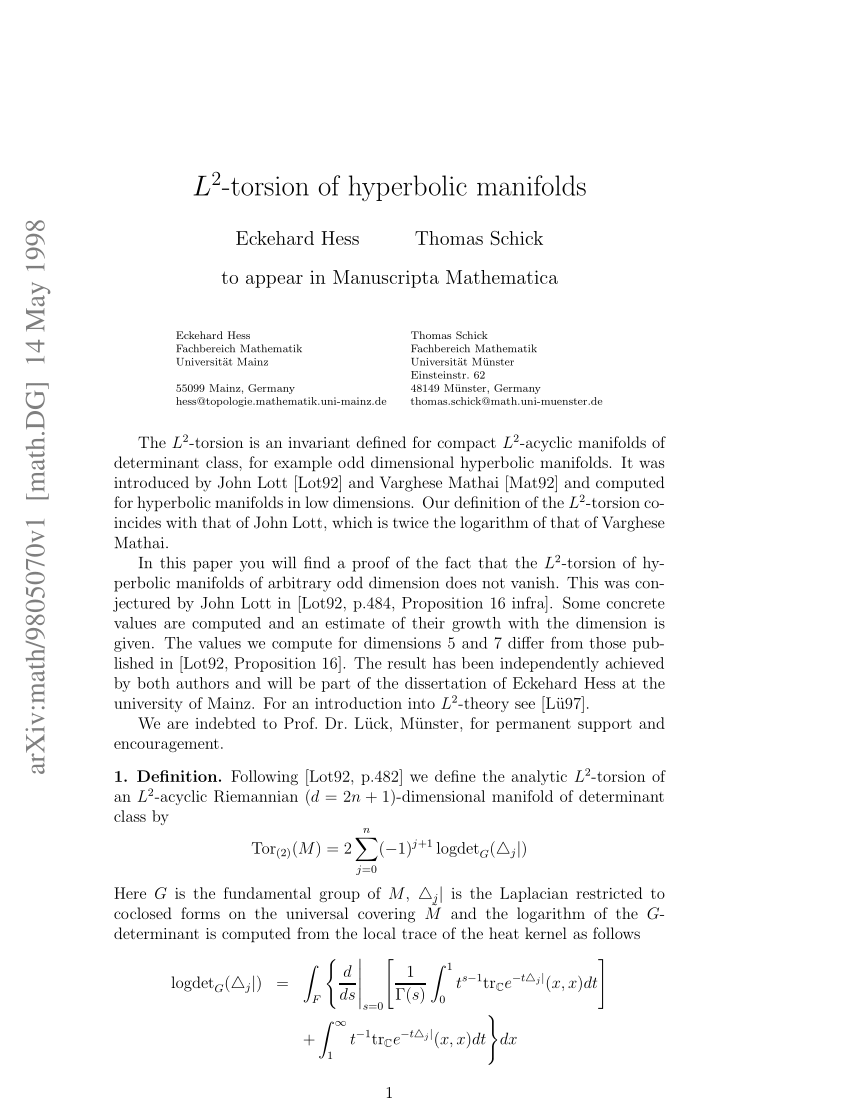 (PDF) L 2 -torsion of hyperbolic manifolds