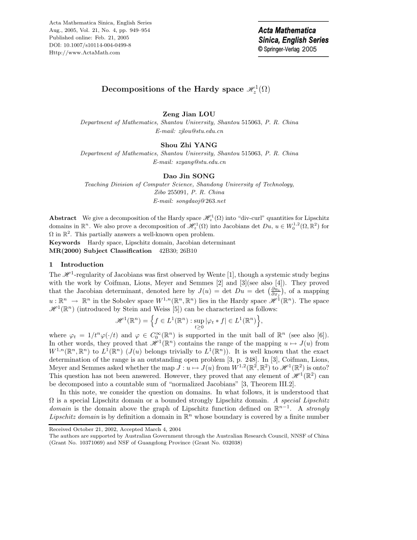 Pdf Decompositions Of The Hardy Space ℋ 1 Z W