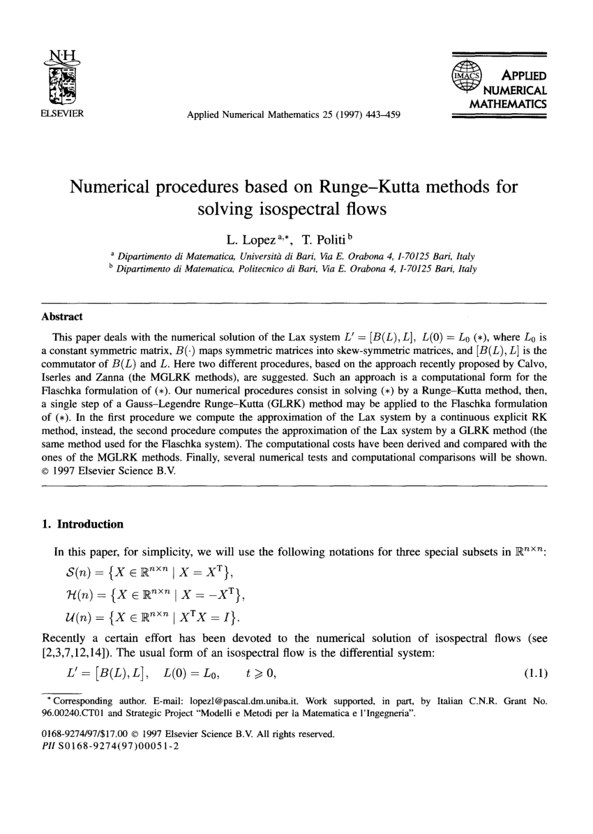 Pdf Numerical Procedures Based On Runge Kutta Methods For Solving Isospectral Flows