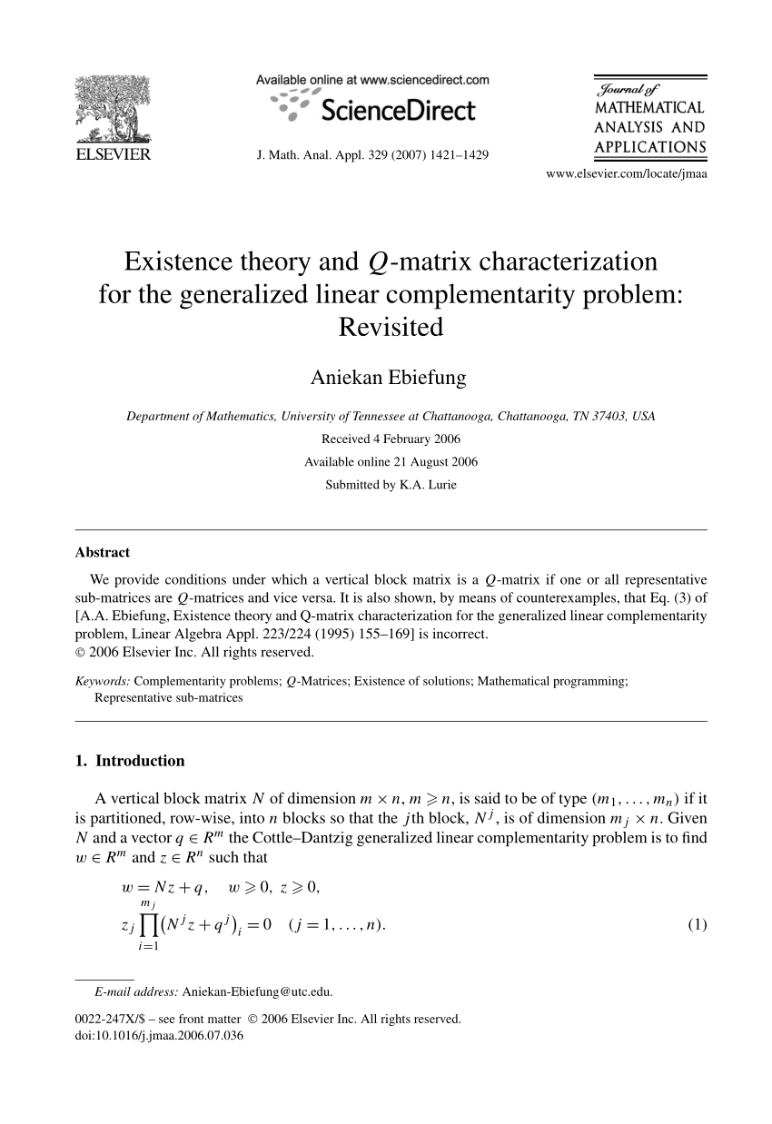 Pdf Existence Theory And Q Matrix Characterization For The Generalized Linear Complementarity Problem Revisited