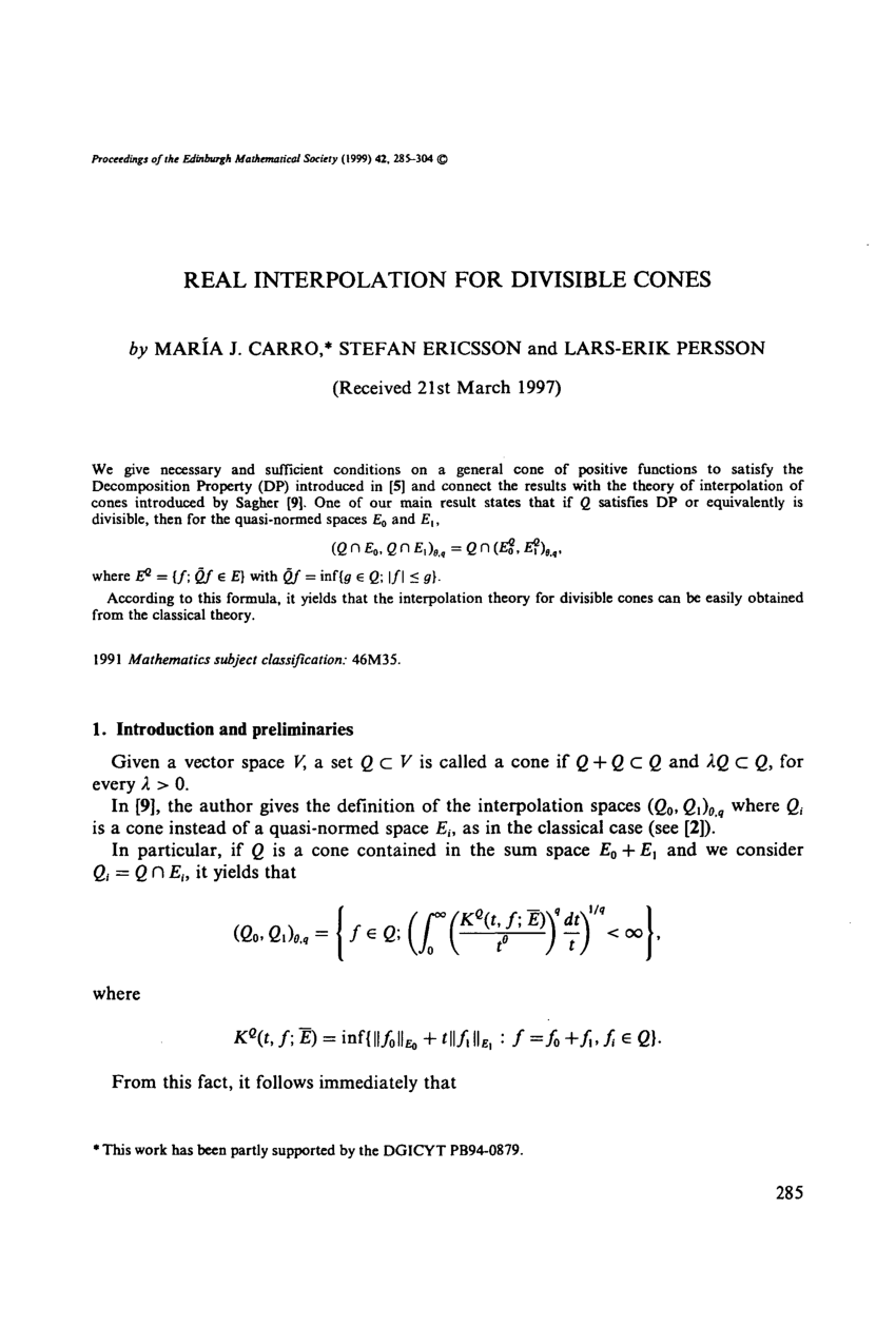 Pdf Real Interpolation For Divisible Cones