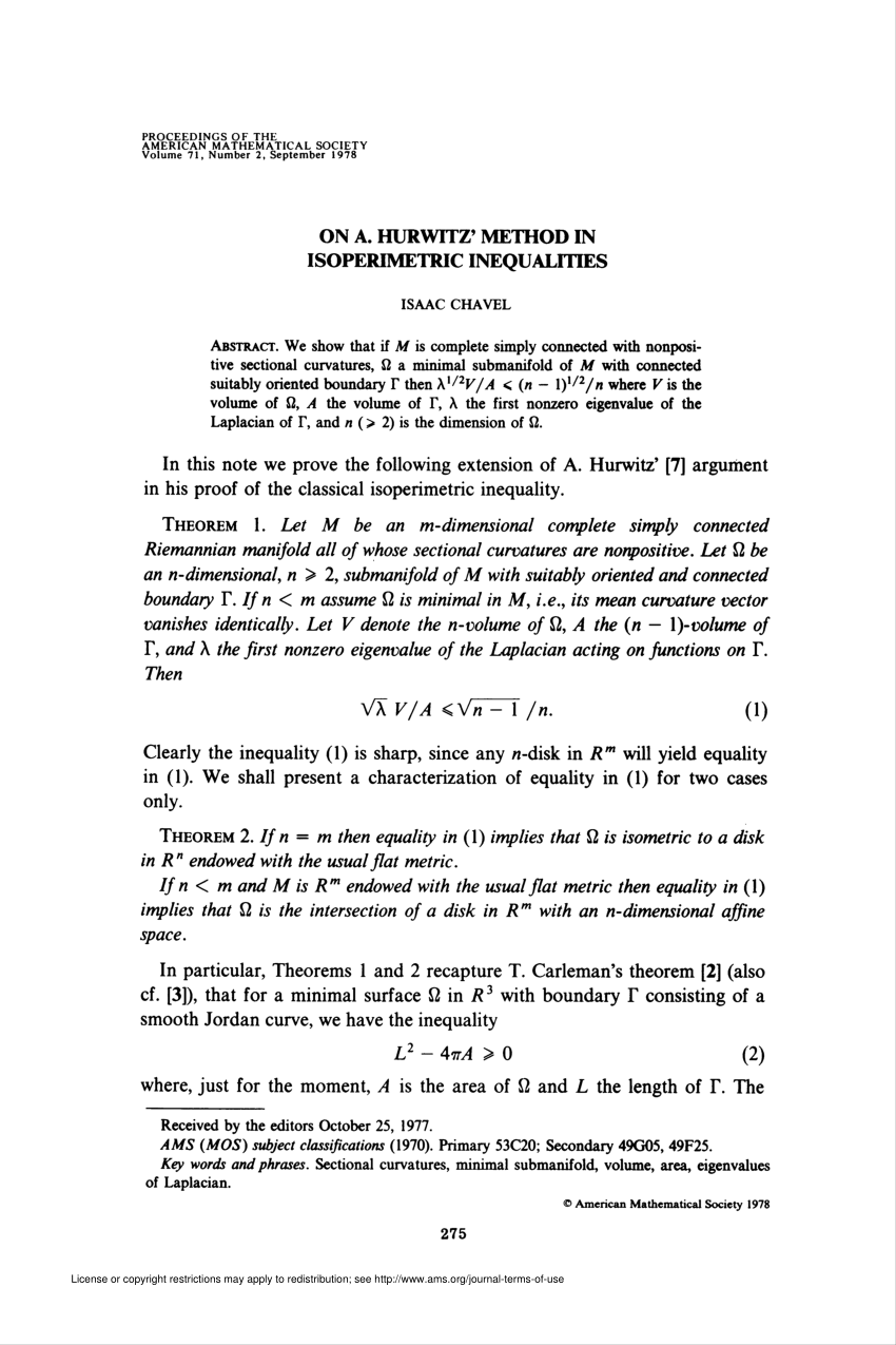 Pdf On A Hurwitz Method In Isoperimetric Inequalities