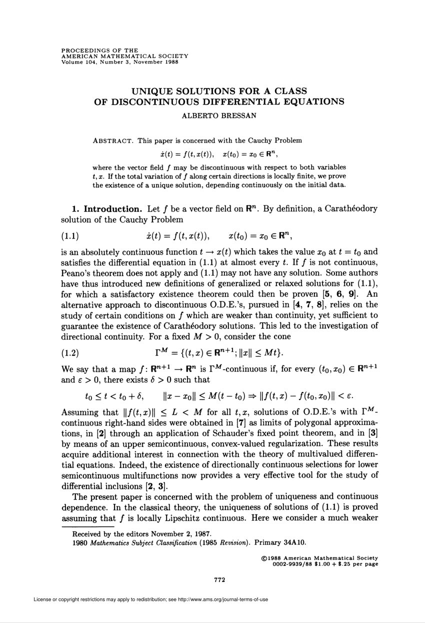 Pdf Unique Solutions For A Class Of Discontinuous Differential Equations
