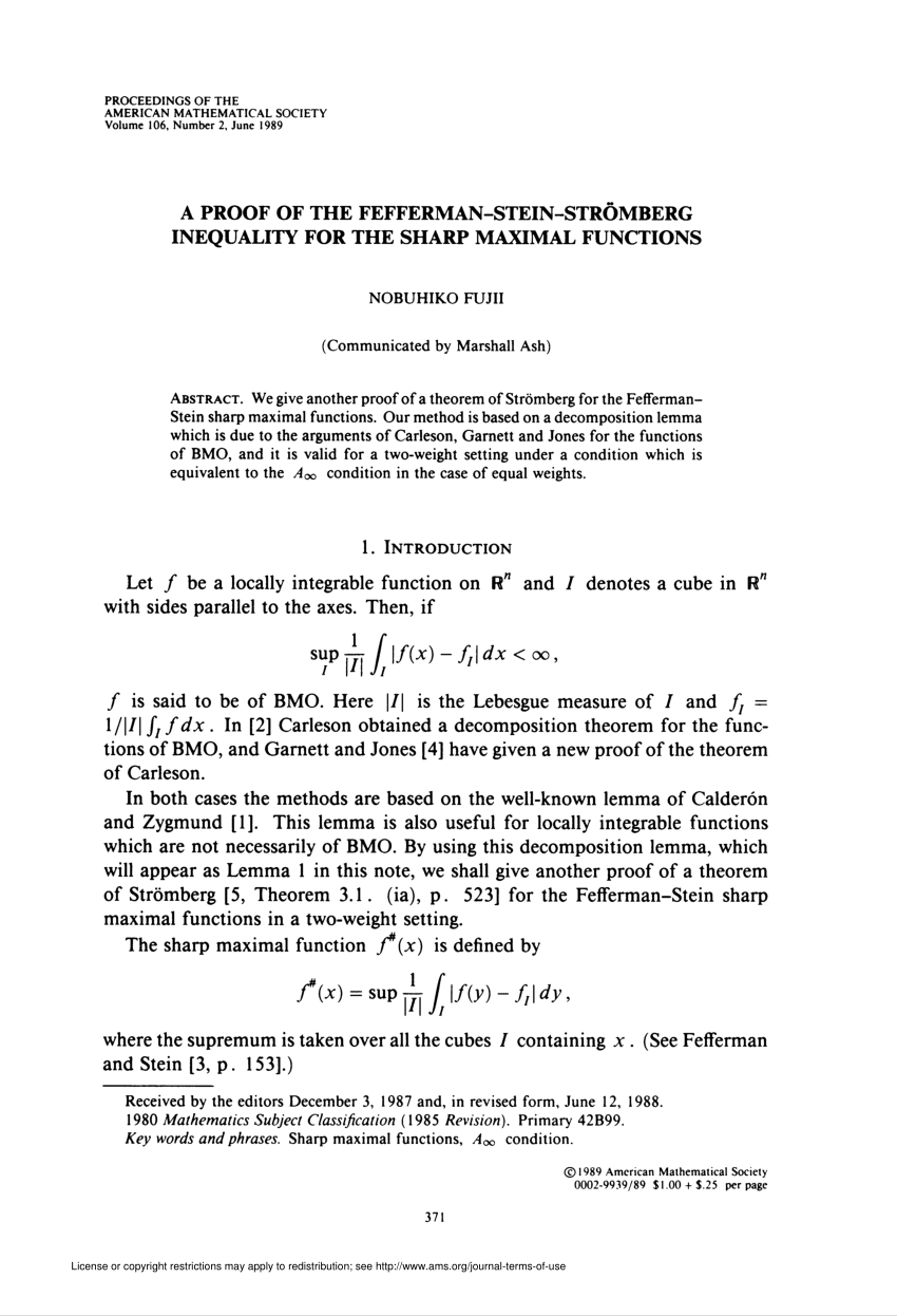 Pdf A Proof Of The Fefferman Stein Stromberg Inequality For The Sharp Maximal Functions