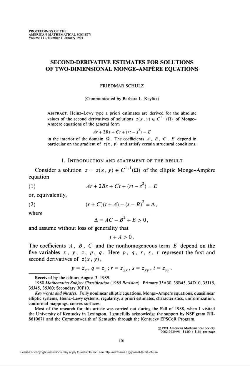 Pdf Second Derivative Estimates For Solutions Of Two Dimensional Monge Ampere Equations