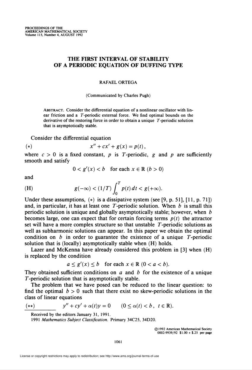 Pdf The First Interval Of Stability Of A Periodic Equation Of Duffing Type