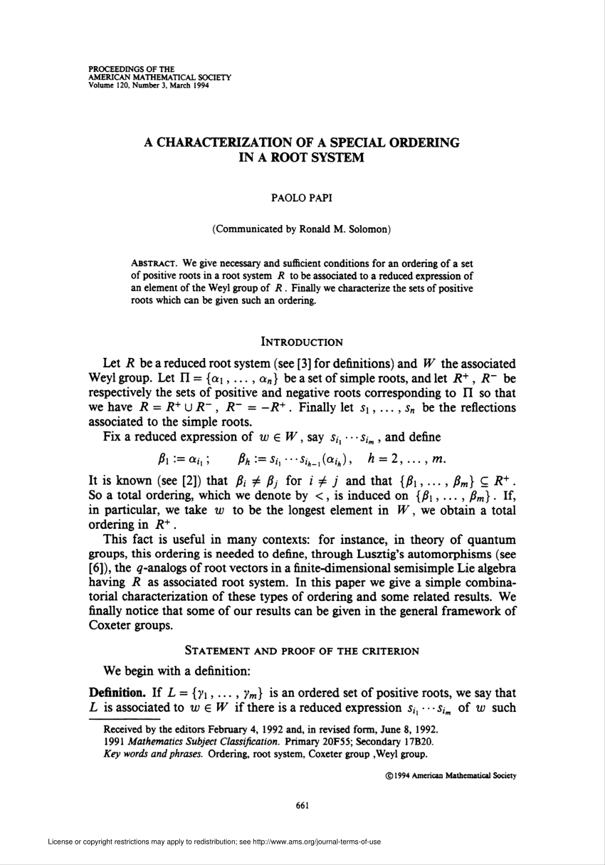 Pdf A Characterization Of A Special Ordering In A Root System