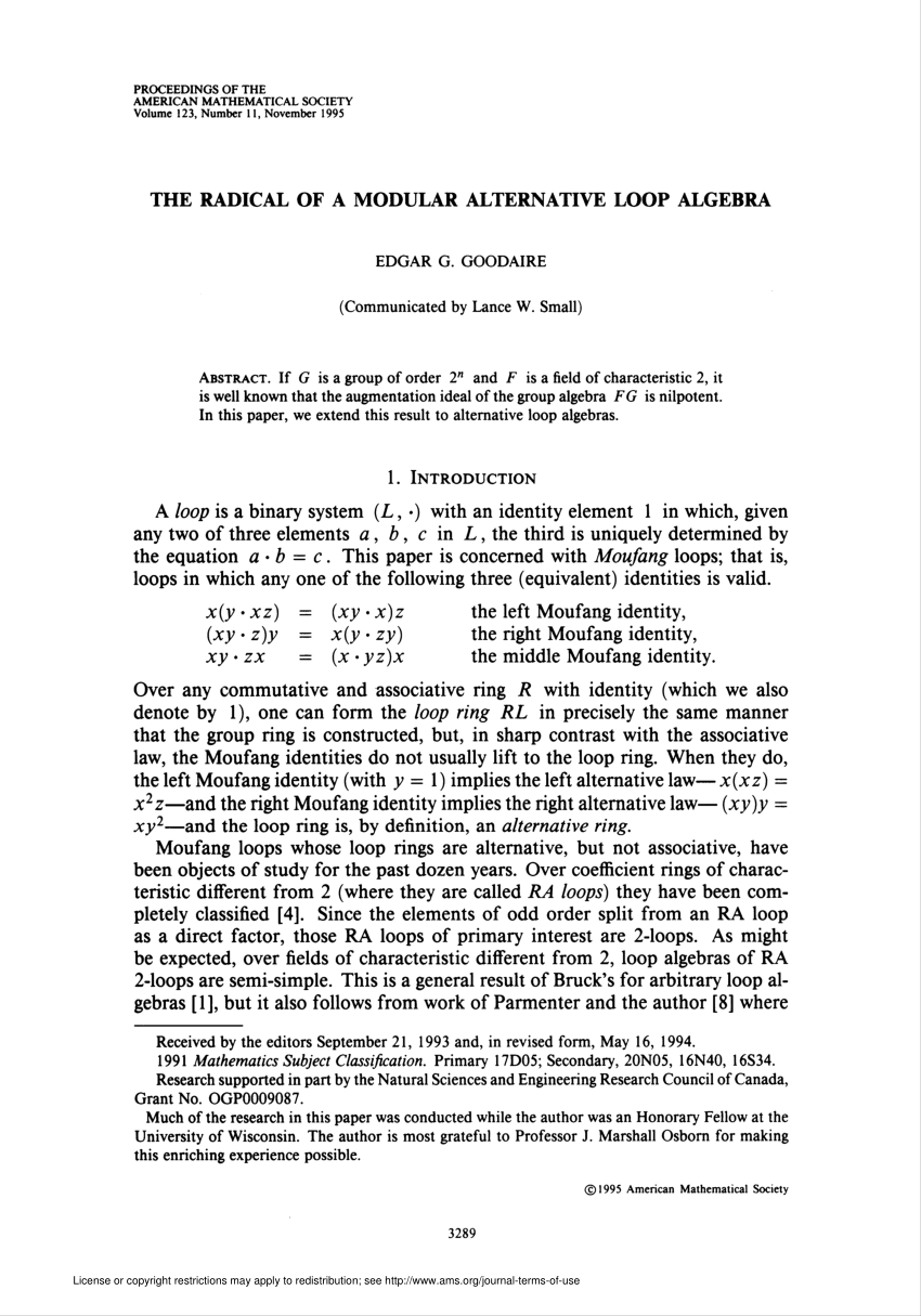 (PDF) The Radical of a Modular Alternative Loop Algebra