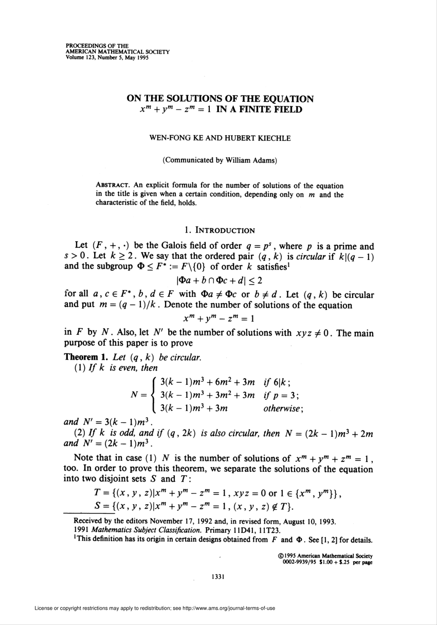 Pdf On The Solutions Of The Equation X M Y M Z M 1 In A Finite Field