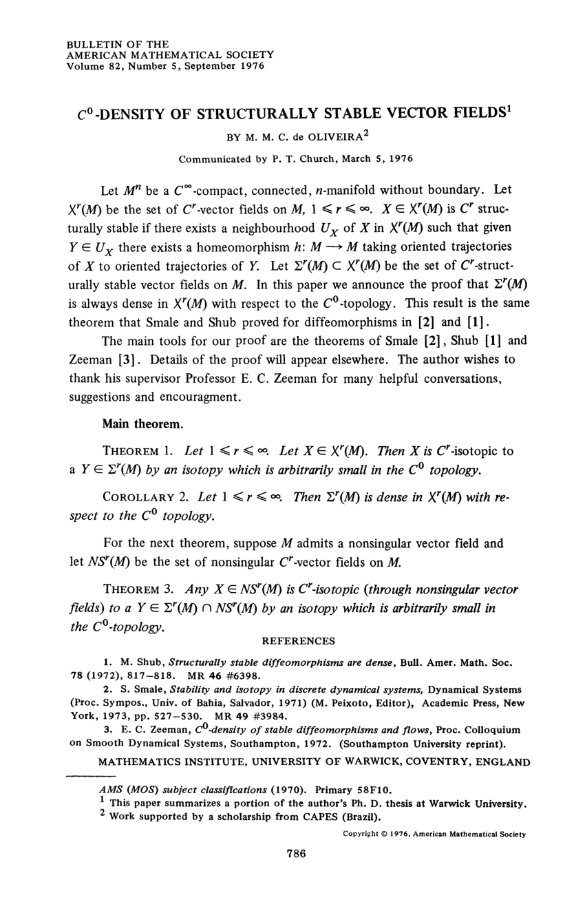 Pdf C 0 Density Of Structurally Stable Vector Fields