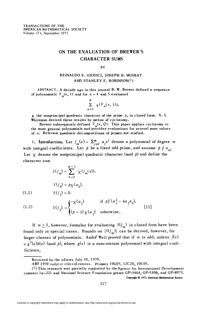 Pdf On The Evaluation Of Brewer S Character Sums