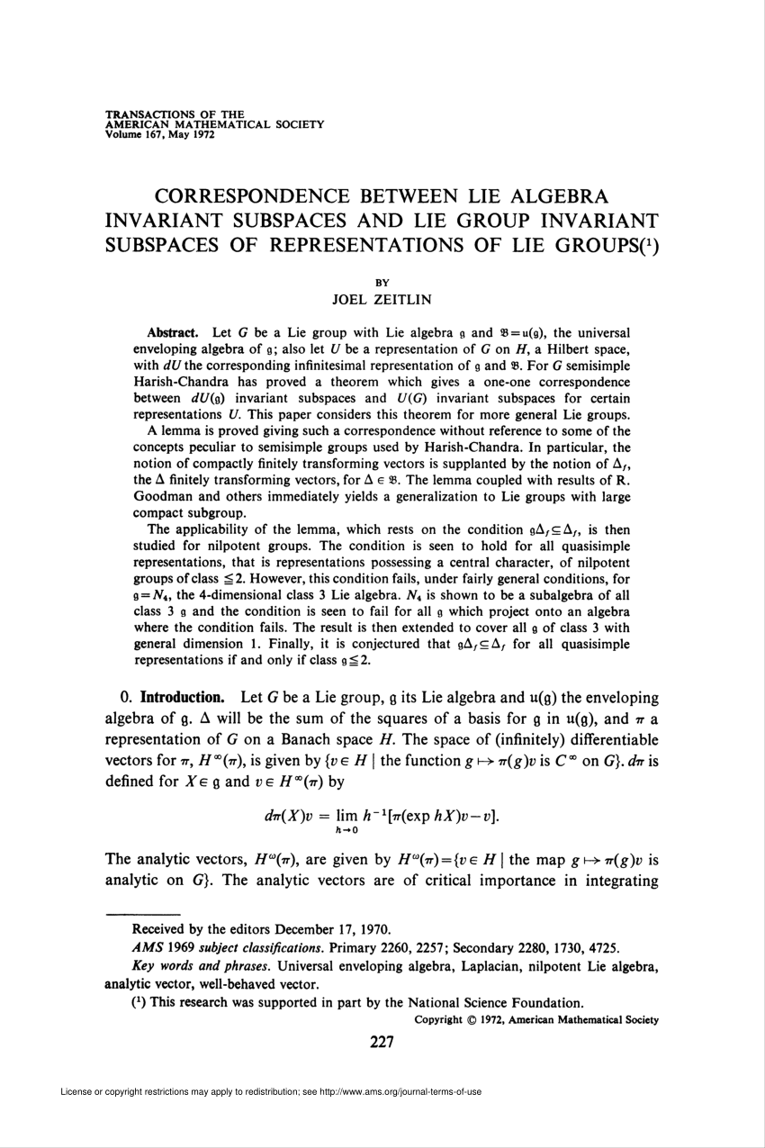 Pdf Correspondence Between Lie Algebra Invariant Subspaces And Lie Group Invariant Subspaces Of Representations Of Lie Groups