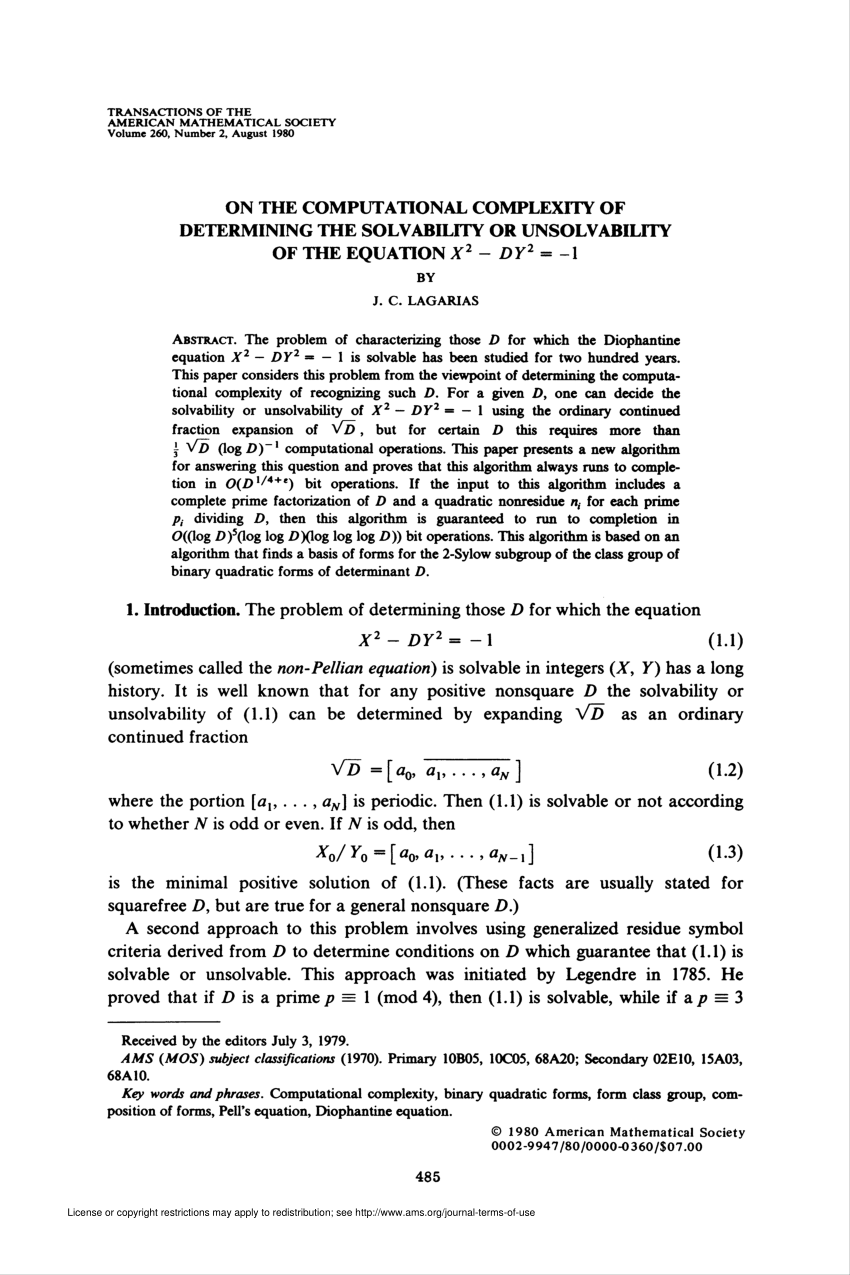 Pdf On The Computational Complexity Of Determining The Solvability Or Unsolvability Of The Equation X Sp 2 Dy Sp 2 1