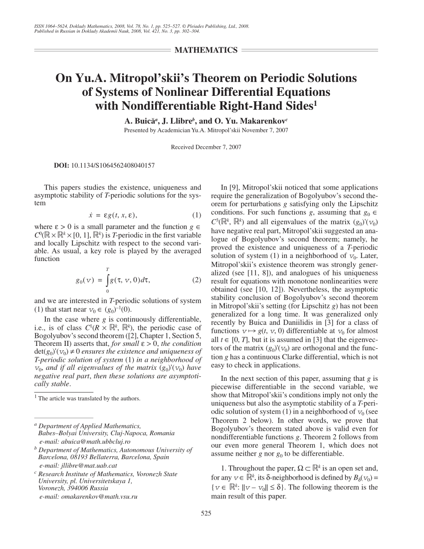 Pdf On Yu A Mitropol Skii S Theorem On Periodic Solutions Of Systems Of Nonlinear Differential Equations With Nondifferentiable Right Hand Sides
