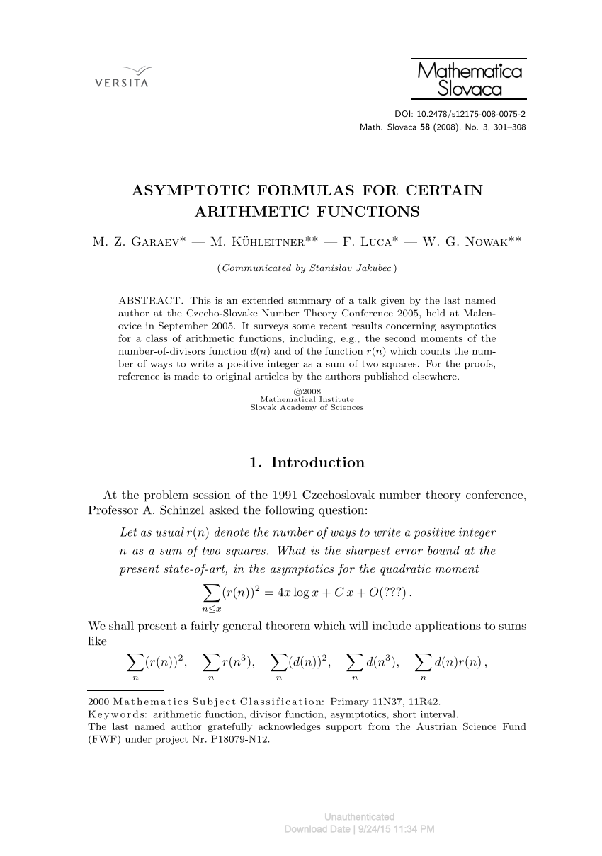 Pdf Asymptotic Formulas For Certain Arithmetic Functions